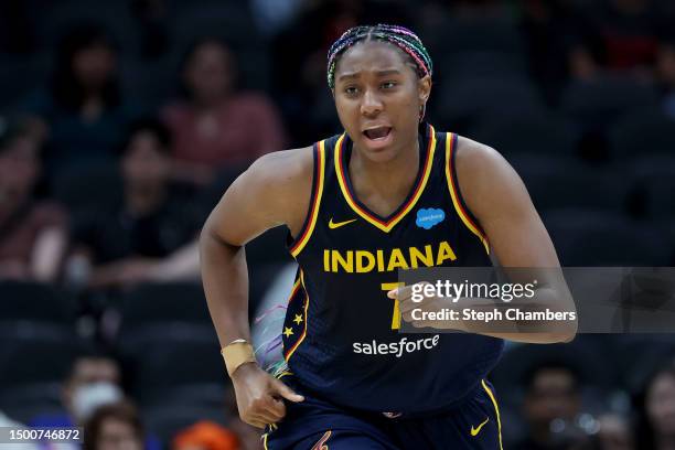 Aliyah Boston of the Indiana Fever looks on during the second quarter against the Seattle Storm at Climate Pledge Arena on June 22, 2023 in Seattle,...