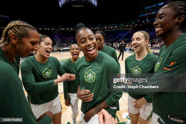 Jewell Loyd of the Seattle Storm fires up her teammates before the game against the Indiana Fever at Climate Pledge Arena on June 22, 2023 in...