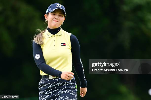 Yuri Yoshida of Japan reacts on the 2nd green during the second round of Earth Mondahmin Cup at Camellia Hills Country Club on June 23, 2023 in...