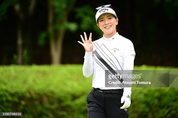 Hikari Fujita of Japan waves on the 3rd hole during the second round of Earth Mondahmin Cup at Camellia Hills Country Club on June 23, 2023 in...