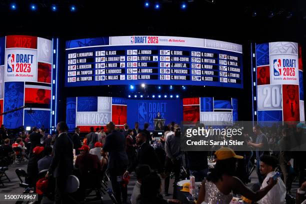 General view of the stage is seen as NBA commissioner Adam Silver closes out the first round of the 2023 NBA Draft at Barclays Center on June 22,...