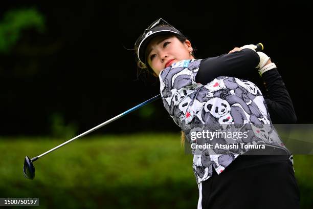 Shiho Kuwaki of Japan hits her tee shot on the 2nd hole during the second round of Earth Mondahmin Cup at Camellia Hills Country Club on June 23,...