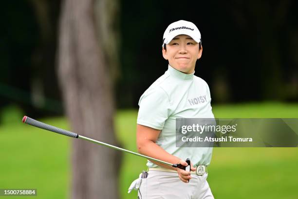 Jiyai Shin of South Korea reacts on the 11th green during the second round of Earth Mondahmin Cup at Camellia Hills Country Club on June 23, 2023 in...