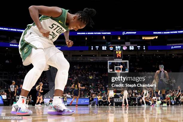 Jewell Loyd of the Seattle Storm reacts after missing a basket against the Indiana Fever during the third quarter at Climate Pledge Arena on June 22,...