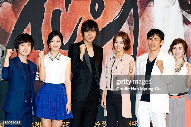 South Korean actors Ryu Duk-Hwan, Park Se-Yeong, Lee Min-Ho, Kim Hee-Sun, Yu Oh-Seong and Shin Eun-Jeong attend during a press conference to promote...