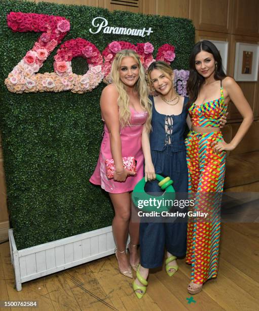 Jamie Lynn Spears, Erin Sanders, and Victoria Justice attend the "Zoey 102" Cocktail Party at San Vicente Bungalows on June 22, 2023 in West...