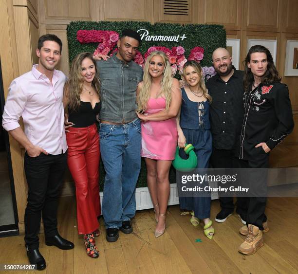 Dean Geyer, Audrey Whitby, Owen Theile, Jamie Lynn Spears, Erin Sanders, Jack Salvatore, and Zach Zagorioa attend the "Zoey 102" Cocktail Party at...