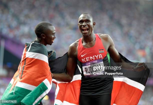 David Lekuta Rudisha of Kenya celebrates after winning gold and setting a new world record of 1.40.91 in the Men's 800m Final on Day 13 of the London...