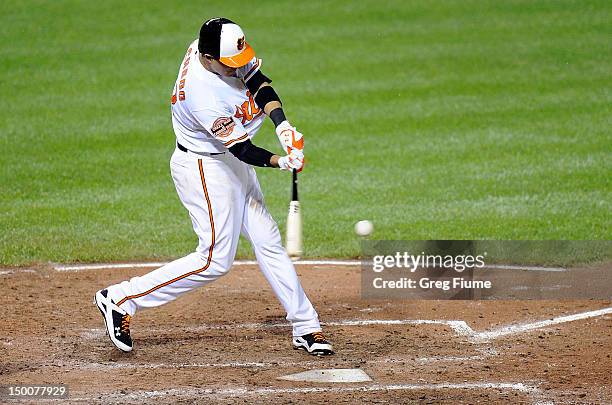 Manny Machado of the Baltimore Orioles hits a triple for his first career hit in the fifth inning of his major league debut against the Kansas City...