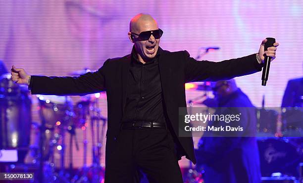 American rapper Pitbull performs at the MDA Show of Strength held at CBS Television City on August 9, 2012 in Los Angeles, California. The show airs...
