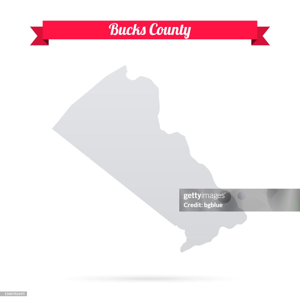 Bucks County, Pennsylvania. Karte auf weißem Hintergrund mit rotem Banner