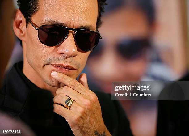 Singer Marc Anthony speaks to the media during the Maestro Cares Foundation Benefit at El Museo Del Barrio on August 9, 2012 in New York City.