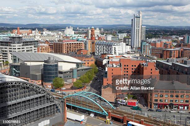 skyline of deansgate at midday - manchester cityscape stock pictures, royalty-free photos & images