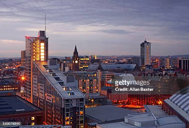 skyline of manchester at sunset - manchester england stock pictures, royalty-free photos & images