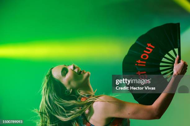 Singer Belinda performs during the Pride event by Calvin Klein at Lago Algo Restaurant on June 22, 2023 in Mexico City, Mexico.