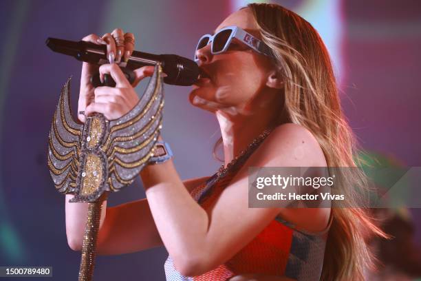 Singer Belinda performs during the Pride event by Calvin Klein at Lago Algo Restaurant on June 22, 2023 in Mexico City, Mexico.