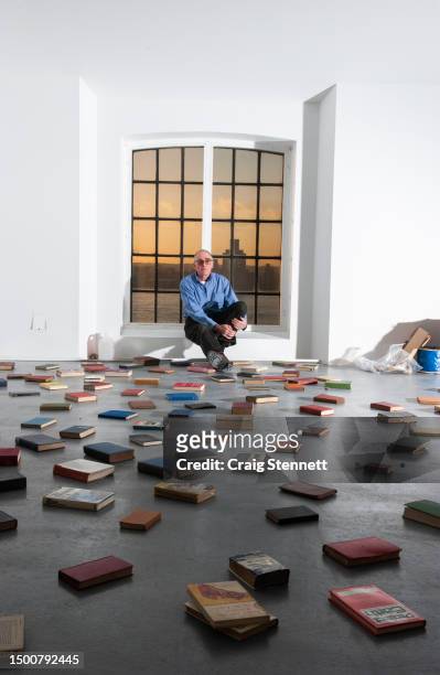 Britsh Sculptor Richard Wentworh amongst some of his Art Work being prepared to be exhibited at the Art Gallery Tate Liverpool in Liverpool, England...