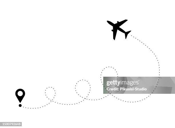 ilustraciones, imágenes clip art, dibujos animados e iconos de stock de ruta del avión al pin de ubicación. concepto de viaje en avión con pines para mapas, puntos gps. viaje desde el punto de partida y trazado de líneas punteadas. vuelo, vacaciones, vacaciones, viajes, negocios o turismo. concepto tiempo para viajar. - marcar el número de identificación personal