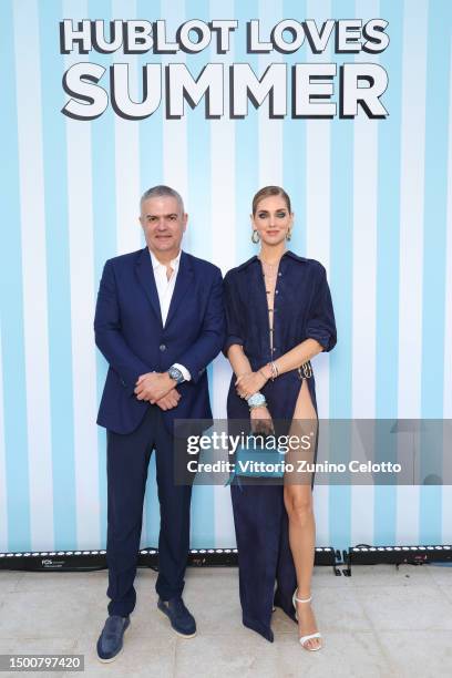 Hublot CEO, Ricardo Guadalupe and Chiara Ferragni attend the launch of the new Big Bang Unico Azur by Hublot at Hotel Cap-Estel on June 22, 2023 in...