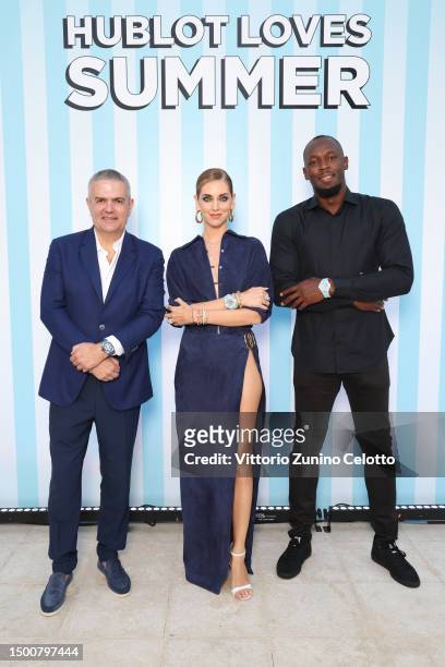 Hublot CEO, Ricardo Guadalupe, Chiara Ferragni and Usain Bolt attend the launch of the new Big Bang Unico Azur by Hublot at Hotel Cap-Estel on June...