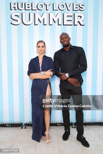 Chiara Ferragni and Usain Bolt attend the launch of the new Big Bang Unico Azur by Hublot at Hotel Cap-Estel on June 22, 2023 in Èze, France.