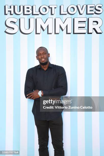 Usain Bolt attends the launch of the new Big Bang Unico Azur by Hublot at Hotel Cap-Estel on June 22, 2023 in Èze, France.