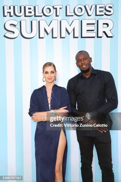 Chiara Ferragni and Usain Bolt attend the launch of the new Big Bang Unico Azur by Hublot at Hotel Cap-Estel on June 22, 2023 in Èze, France.