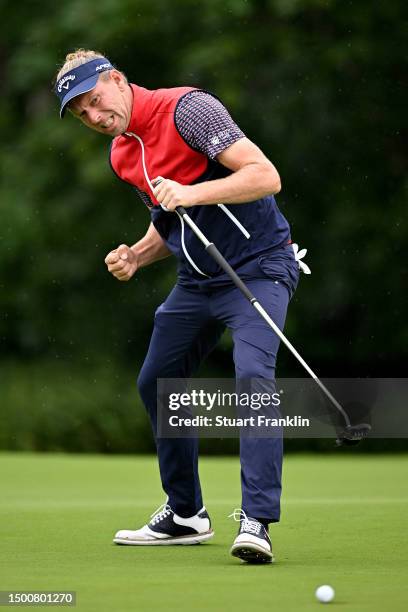 Marcel Siem of German celebrates after playing his putt shot on the 14th hole during Day Two of the BMW International Open at Golfclub Munchen...