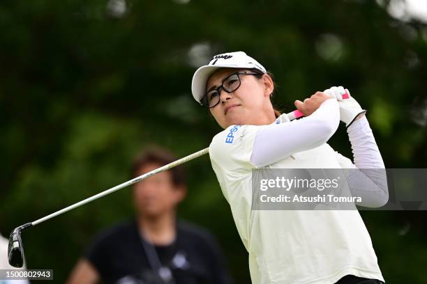 Sakura Yokomine of Japan hits her tee shot on the 15th hole during the second round of Earth Mondahmin Cup at Camellia Hills Country Club on June 23,...