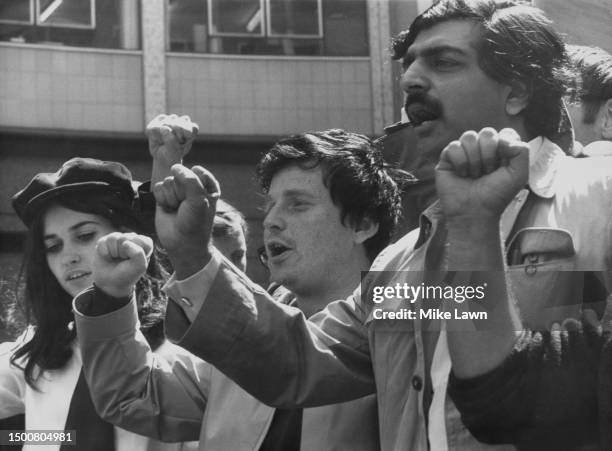 Yugoslavian student activist Dragana Stavijel, French student activist Daniel Cohn-Bendit, and Pakistani student activist Tariq Ali outside BBC...