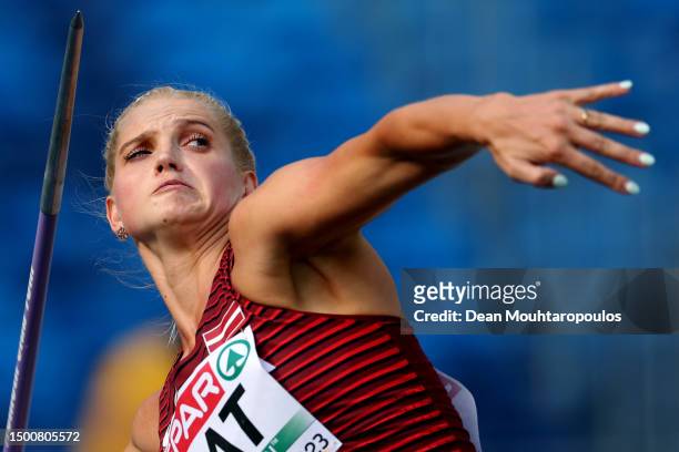 Lina Muze of Latvia competes in the Women's Javelin Throw - Division 2 during day three of the European Games 2023 at Silesian Stadium on June 22,...