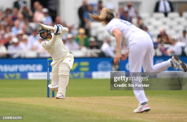 Australia batter Alana King picks up the days first runs off the bowling of bowler Lauren Bell during day two of the LV= Insurance Women's Ashes Test...