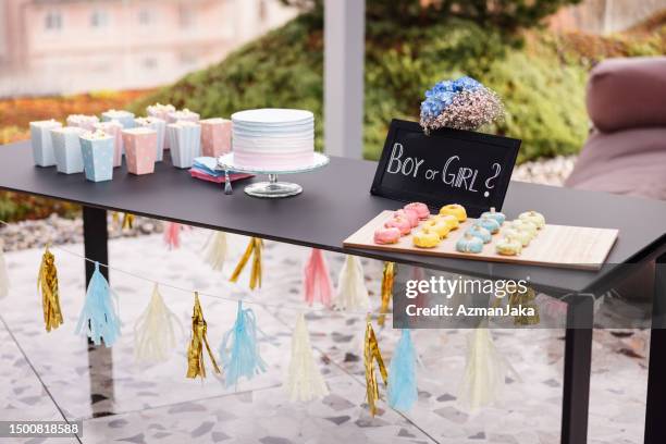 beautiful decorations and delicious sweets at a summer gender reveal party oudoors - outdoor baby shower stock pictures, royalty-free photos & images