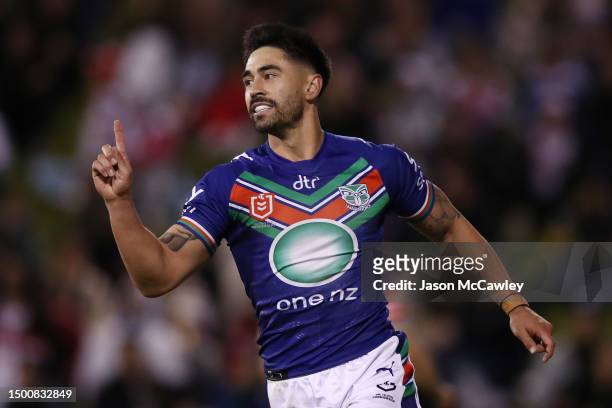 Shaun Johnson of the Warriors celebrates after scoring a try during the round 17 NRL match between St George Illawarra Dragons and New Zealand...