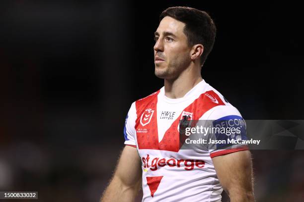 Ben Hunt of the Dragons looks on during the round 17 NRL match between St George Illawarra Dragons and New Zealand Warriors at WIN Stadium on June...