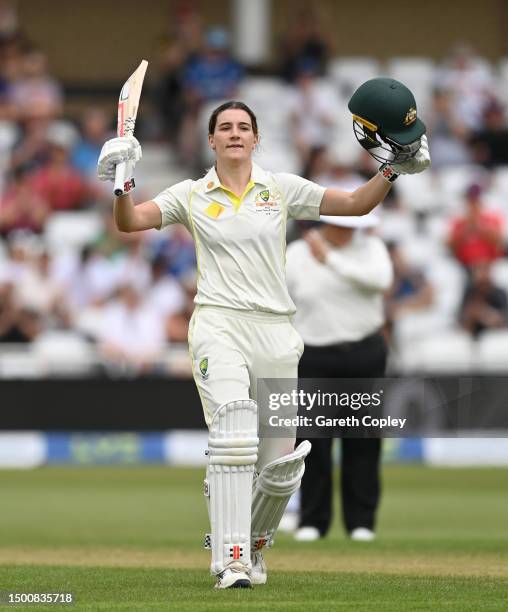 Annabel Sutherland of Australia celebrates reaching her century during day two of the LV= Insurance Women's Ashes Test match between England and...