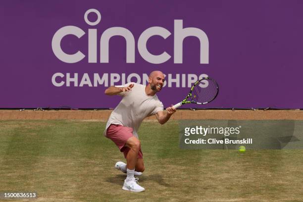 Adrian Mannarino of France plays a forehand against Alex De Minaur of Australia during the Men's Singles Quarter Final match on Day Five of the cinch...