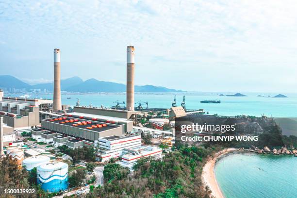 aerial top view of electric power plant - tuen mun stock pictures, royalty-free photos & images