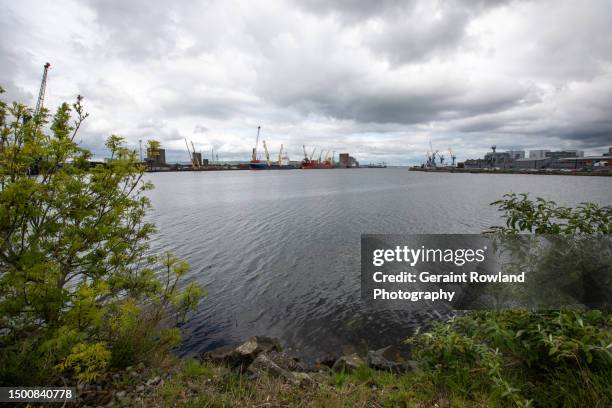 belfast docks view - belfast crane stock pictures, royalty-free photos & images