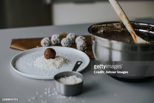 high angle view of cooking ingredients - coconut biscuits stock pictures, royalty-free photos & images
