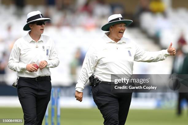 Umpires Anna Harris and Sue Redfern during day two of the LV= Insurance Women's Ashes Test match between England and Australia at Trent Bridge on...