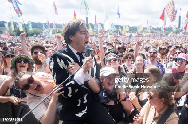 Pelle Almqvist of The Hives performs on the Other Stage at Day 3 of Glastonbury Festival 2023 on June 23, 2023 in Somerset, United Kingdom.