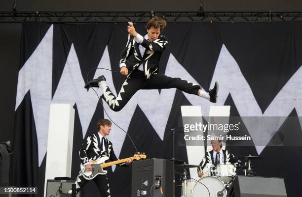 Pelle Almqvist of The Hives performs on the Other Stage at Day 3 of Glastonbury Festival 2023 on June 23, 2023 in Somerset, United Kingdom.