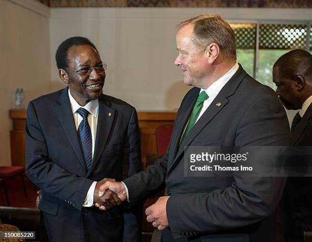 German Development Minister Dirk Niebel and President of the Transitional Government Dioncounda Traore shake hands as they meet on August 9, 2012 in...
