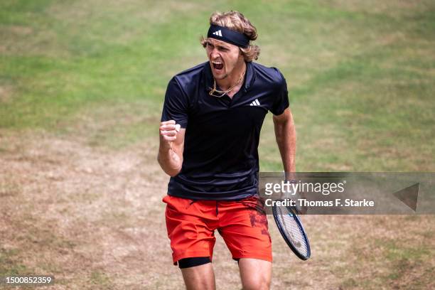 Alexander Zverev of Germany celebrates in his match against Nicolas Jarry of Chile during day seven of the Terra Wortmann Open at OWL-Arena on June...