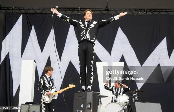 Pelle Almqvist of The Hives performs on the Other Stage at Day 3 of Glastonbury Festival 2023 on June 23, 2023 in Somerset, United Kingdom.
