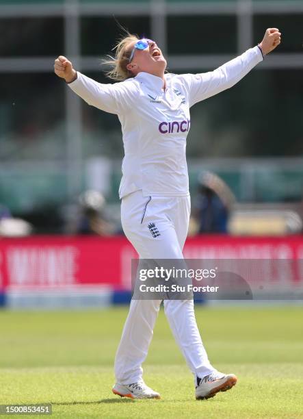 England bowler Sophie Ecclestone celebrates after Ecclestone had taken her fourth wicket, that of Garth during day two of the LV= Insurance Women's...