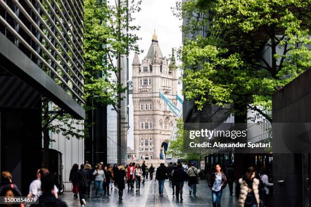 tower bridge seen through facade of modern office buildings, london, uk - city scape stock pictures, royalty-free photos & images