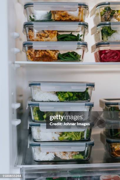 fridge filled with lunch boxes as part of healthy meal prep - meal prep stockfoto's en -beelden