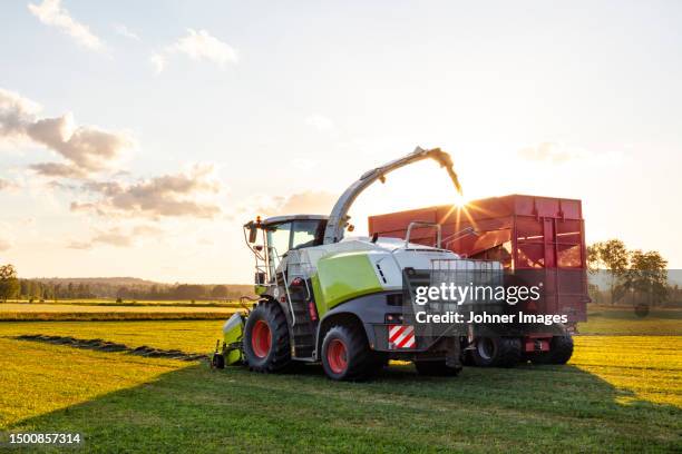 harvester and tractor harvesting crop in field - champs tracteur photos et images de collection